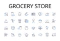 Grocery store line icons collection. Convenience store, Supermarket, Provision store, Corner shop, Market stall