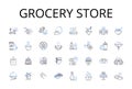 Grocery store line icons collection. Convenience store, Supermarket, Provision store, Corner shop, Market stall