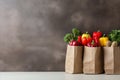 Grocery Store Paper Bags Filled with Fresh Fruits and Vegetables, Copy Space Available