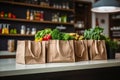 Grocery Store Paper Bags Filled with Fresh Fruits and Vegetables, Copy Space Available