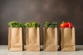 Grocery Store Paper Bags Filled with Fresh Fruits and Vegetables, Copy Space Available