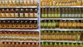 Grocery store shelves with bottles of cooking oils in a market in Johor Bahru, Malaysia Royalty Free Stock Photo