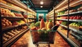 grocery store and shopping basket full of food Royalty Free Stock Photo