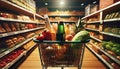 grocery store and shopping basket full of food Royalty Free Stock Photo