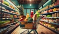 grocery store and shopping basket full of food Royalty Free Stock Photo