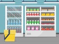 Grocery store showcase. Shop food store inside the supermarket checkout vector background