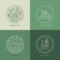 Grocery Store, Supermarket Department Linear Vector Illustrations Set. Trendy Minimal Logo Design, Business Cards