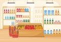 Grocery Store or Supermarket with Food Product Shelves, Racks Dairy, Fruits and Drinks for Shopping in Flat Cartoon Illustration