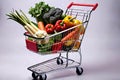 Grocery store vegetables food shopping market cart basket illustration AI