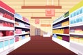 Grocery supermarket interior with full product shelves. Retail and consumerism vector concept