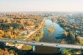 Grodno, Belarus. Aerial Bird`s-eye View Of Hrodna Cityscape Skyline. Bridge Over Neman River In Sunny Autumn Day.
