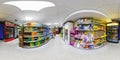 GRODNO, BELARUS - APRIL 20, 2016: Panorama interior small grocery store . Full spherical 360 by 180 degrees seamless panorama in