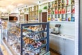 GRODNO, BELARUS - AUGUST 2019: cafeteria windows with pies, pastries, ice cream, pasties, waffles, donuts, cakes and other sweets