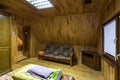 GRODNO, BELARUS - AUGUST 2019: living bedroom on attic of wooden vacation eco house