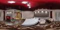 GRODNO, BELARUS - AUGUST 08, 2013: Modern loft apartment interior, bedroom, hall in red style color, full 360 by 180 degree