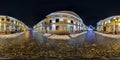 GRODNO, BELARUS - DECEMBER 2018: Full seamless night hdri panorama 360 degrees angle view on night street with illuminations on