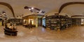 GRODNO, BELARUS - JANUARY 31, 2012: Interior of wine shop in ancient style, full 360 seamless panorama in equirectangular Royalty Free Stock Photo