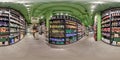 GRODNO, BELARUS - JULY 2023: full hdri 360 panoramain in interior of wine shop with shelves of alcoholic drinks in equirectangular