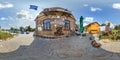 GRODNO, BELARUS - JULY, 2018: Full seamless spherical hdri panorama 360 degrees near ancient brick house. Museum old things in