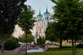 Grodno, Belarus - June 11, 2019 - Central part of the city, view of the Cathedral of St. Francis Xavier