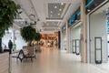 Grodno, Belarus May 20, 2021: corridor of a large shopping center. Benches and recreation areas for store visitors. Beautiful