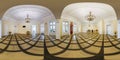 GRODNO, BELARUS - MAY 2019: Full spherical seamless hdri panorama 360 degrees inside interior of huge empty banquet hall in