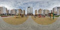 GRODNO, BELARUS - MAY 2023: 360 hdri panorama near playground in middle of modern multi-storey residential complex of urban