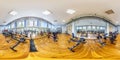 GRODNO, BELARUS - MAY 2019: seamless spherical hdri panorama 360 degrees angle inside interior big stylish fitness club with