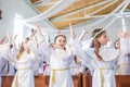 GRODNO, BELARUS - MAY 2019: Young children in the Catholic Church are waiting for the first eucharist communion. Little angels in Royalty Free Stock Photo