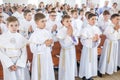 GRODNO, BELARUS - MAY 2019: Young children in the Catholic Church are waiting for the first eucharist communion. Little angels in Royalty Free Stock Photo