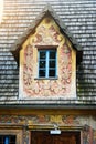 Grodno Castle in Zagorze Slaskie, Lower Silesia, Poland. Gable fronted dormer window and wooden shingle roof on gatehouse building Royalty Free Stock Photo