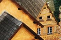 Grodno Castle in Zagorze Slaskie, Lower Silesia, Poland. Pitched shingle roofs of gatehouse building with precious sgraffito. Royalty Free Stock Photo