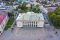 Grodno Regional Drama Theater and Holy Cross Church And Traffic In Mostowaja And Kirova Streets in the morning light