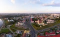 Grodno Regional Drama Theater and Holy Cross Church And Traffic In Mostowaja And Kirova Streets in the morning light