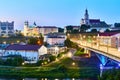 Grodno Regional Drama Theatre, St. Francis Xavier Cathedral in morning streets in visa free Hrodna or Grodno Belarus