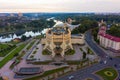 Grodno regional drama theatre in sunset light. Aerial view from a drone