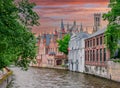 Groenerei canal and architecture of old Bruges at sunset, Belgium Royalty Free Stock Photo