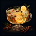 Grog illustration. Alcoholic warm cocktail with rum, fruits, lemon or fruit juice and spices on dark background. White wine