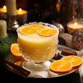 Grog or Punch drink. Warm alcoholic cocktail made of rum, sugar and citrus fruit on dark winter background. White wine sangria.