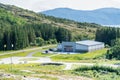 Gronsvik, Norway - August 06, 2019: Remote view at Main building of museum of Gronsvik coastal battery, Helgelandmuseum Luroy ,
