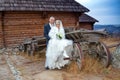 Groom and the bride against the wooden house and an old horse cart Royalty Free Stock Photo