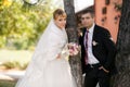 Groom and the bride in autumn park walk near trees with yellow leaves Royalty Free Stock Photo