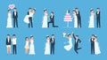 Groom and bride. Cartoon wedding couple in different scenes, preparing and celebrating. Vector dancing kissing and Royalty Free Stock Photo