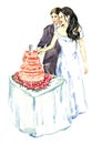 Groom and bride cutting pink wedding cake