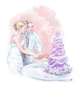 Groom and bride cutting wedding cake Royalty Free Stock Photo