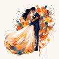 Vivid Expressionism Wedding Illustration: Bride And Groom Embracing In Abstract Style