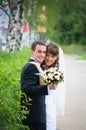 Groom and bride embrace. Love tenderness feeling