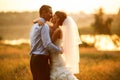 Groom and bride are hagging on the background green forest and l Royalty Free Stock Photo