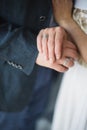 Groom and bride hands rings on blurry background. Royalty Free Stock Photo