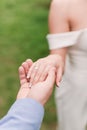 the groom and the bride hold hands. White wedding dress Royalty Free Stock Photo